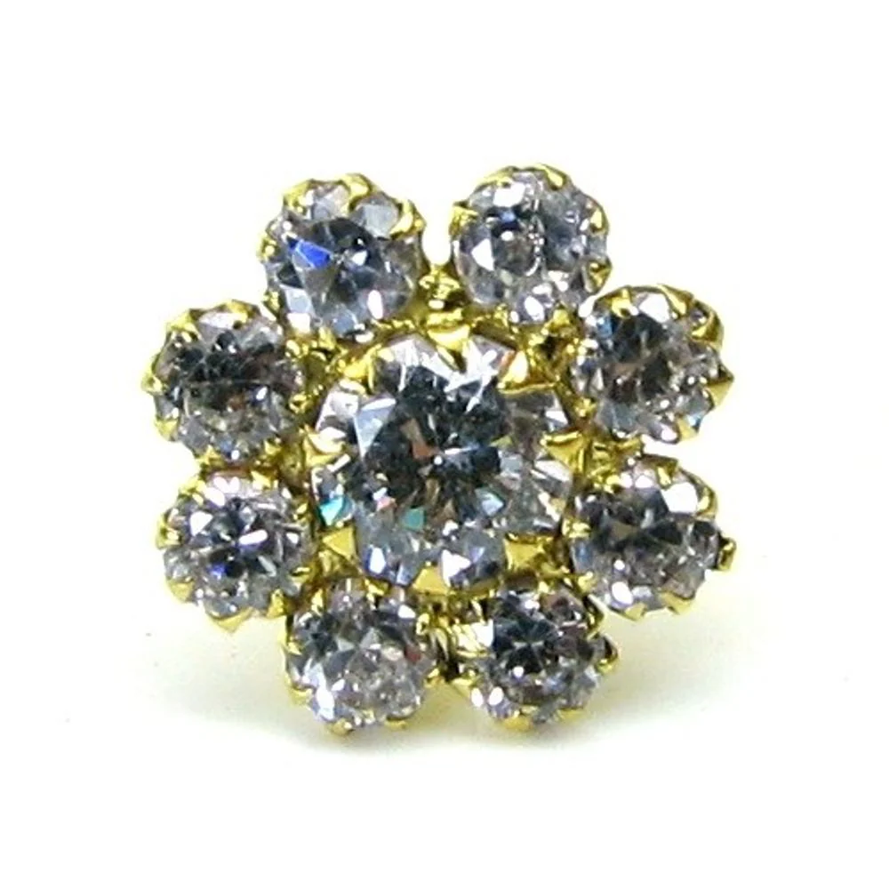 Indian Style White CZ Studded Body Piercing Jewelry Nose Stud Pin Solid Real 14k Yellow Gold