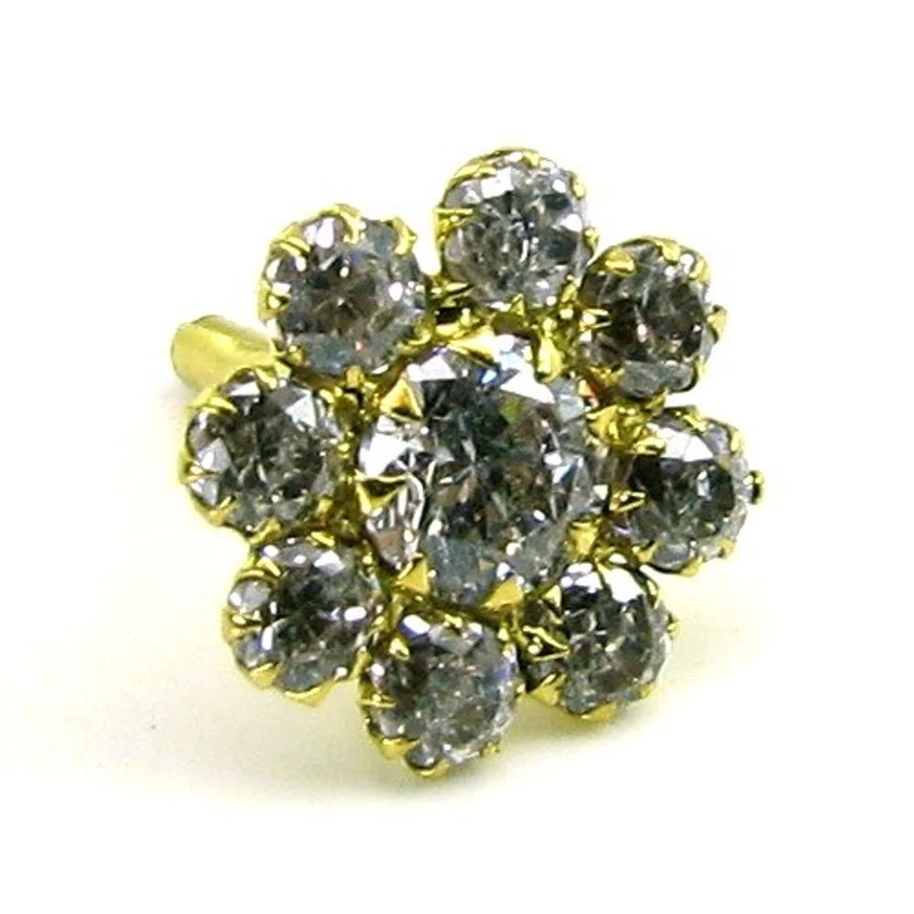 Indian Style White CZ Studded Body Piercing Jewelry Nose Stud Pin Solid Real 14k Yellow Gold - Image 2