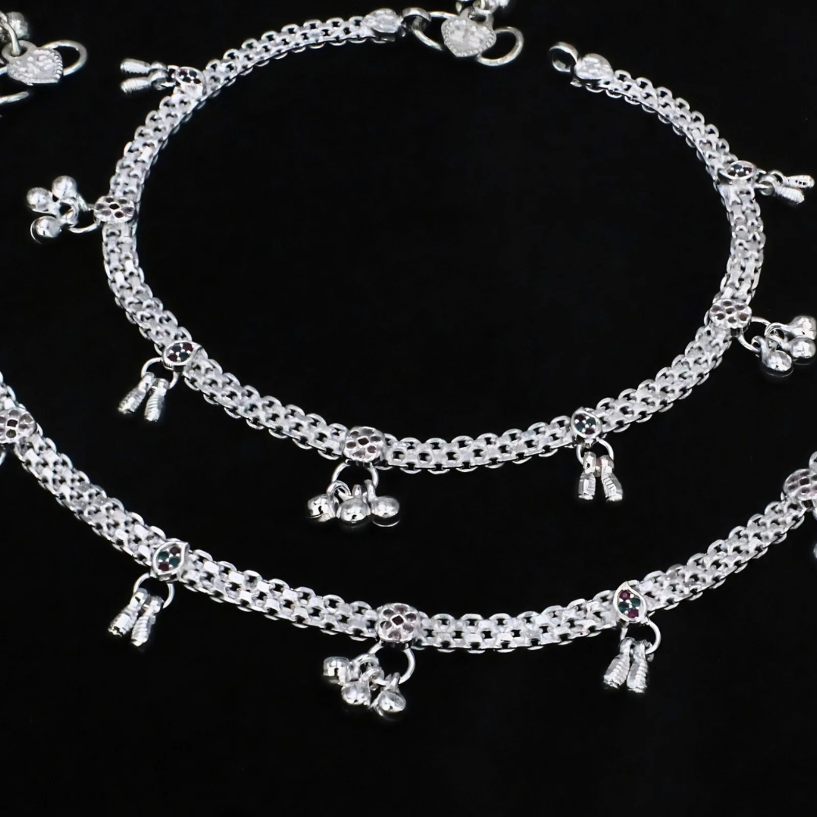 Indian Traditional Real Silver Multi CZ Women Anklet - 10.5 in - Image 4