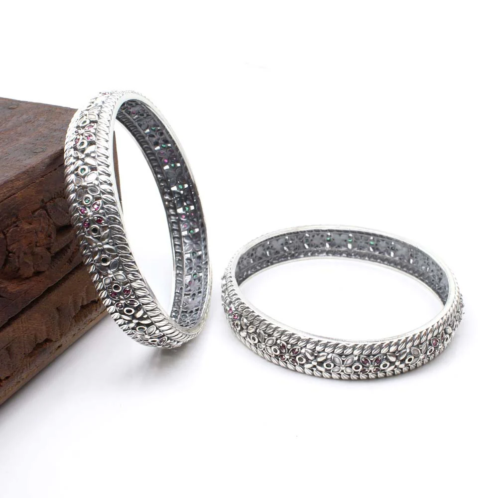 Indian Traditional Real Sterling Silver CZ Women Oxidized Bangles Pair - 6.2 CM