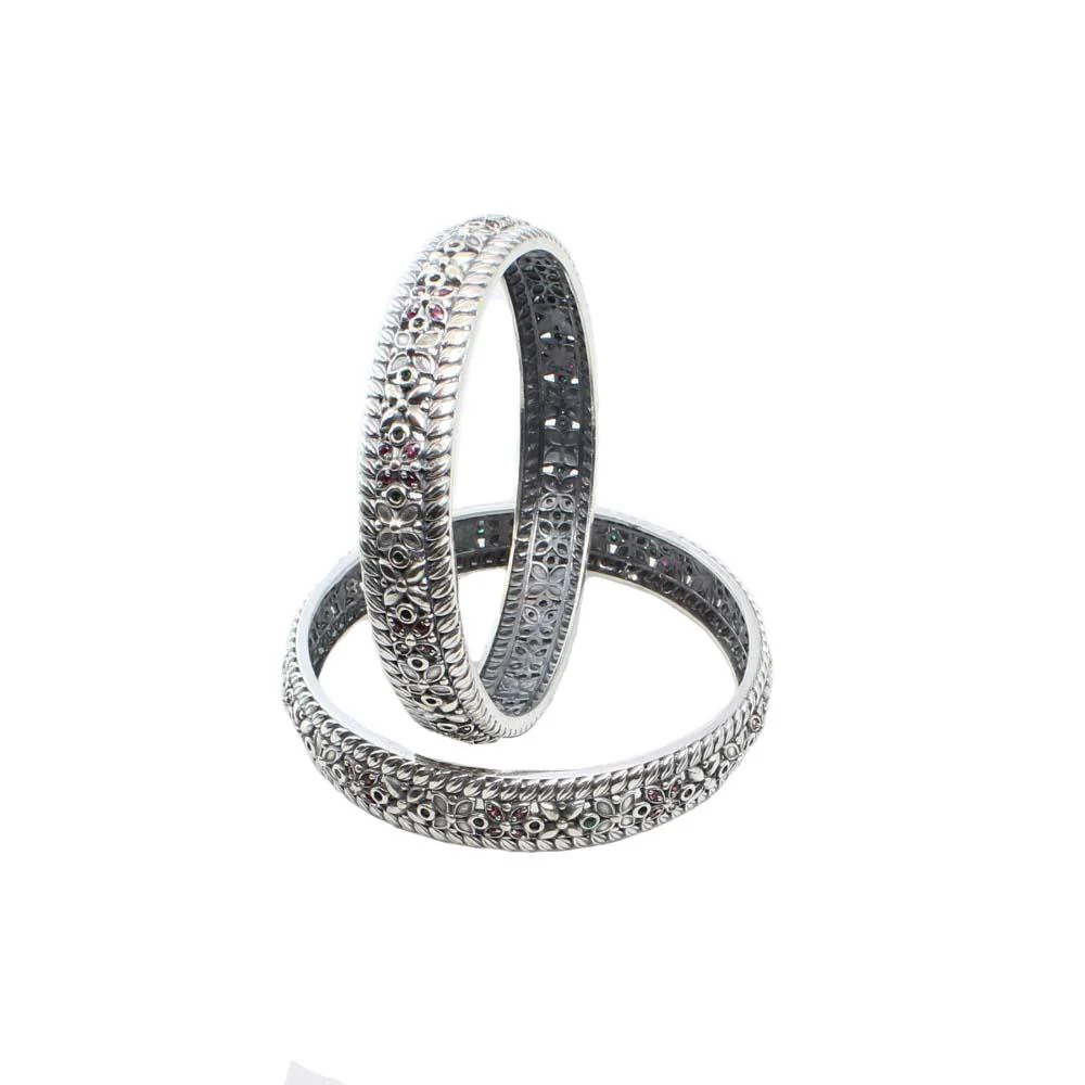Indian Traditional Real Sterling Silver CZ Women Oxidized Bangles Pair - 6.2 CM - Image 2