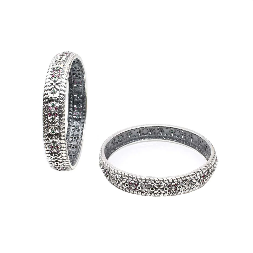 Indian Traditional Real Sterling Silver CZ Women Oxidized Bangles Pair - 6.2 CM - Image 3