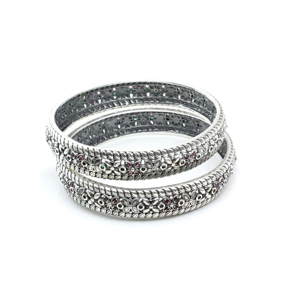 Indian Traditional Real Sterling Silver CZ Women Oxidized Bangles Pair - 6.2 CM - Image 4