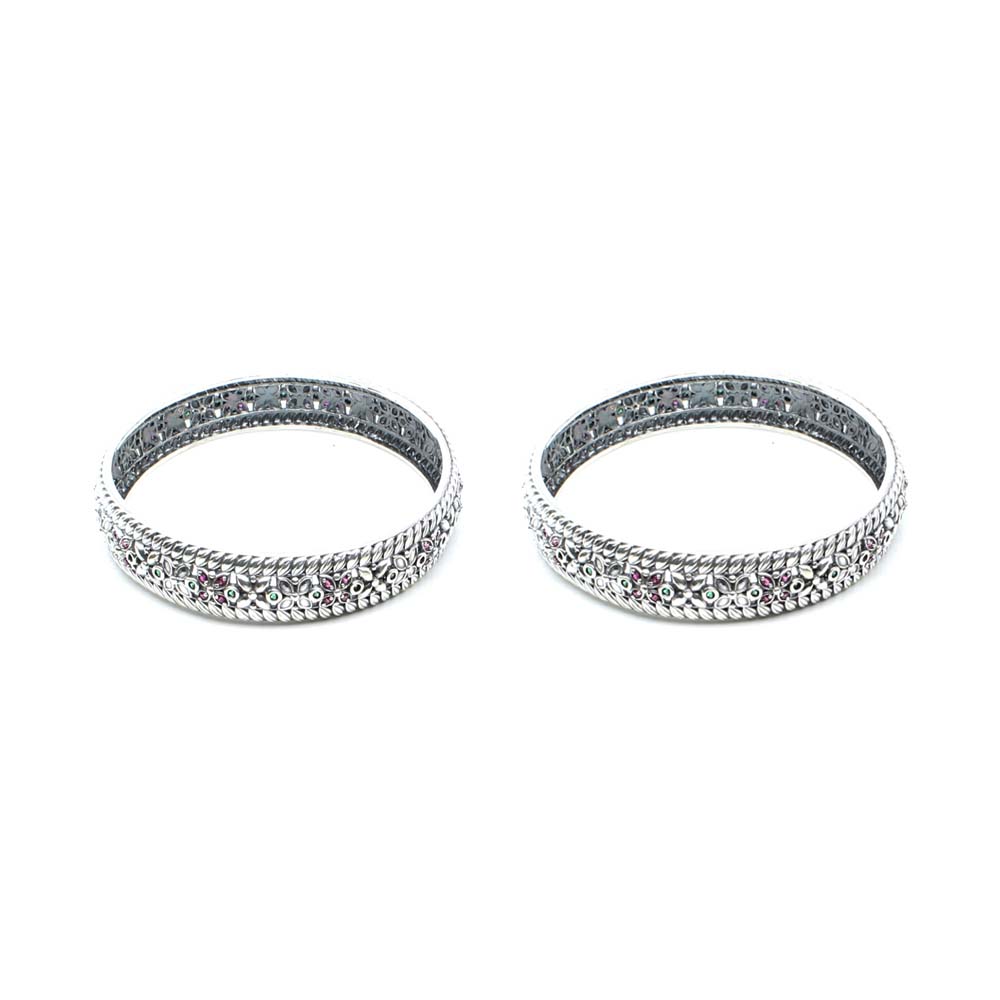 Indian Traditional Real Sterling Silver CZ Women Oxidized Bangles Pair - 6.2 CM - Image 5