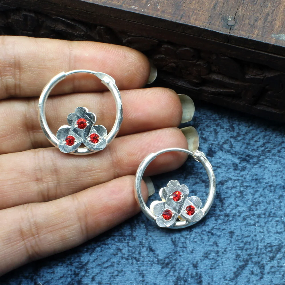 Indian Tribal pure sterling silver hoop hinged earrings for women - red stone