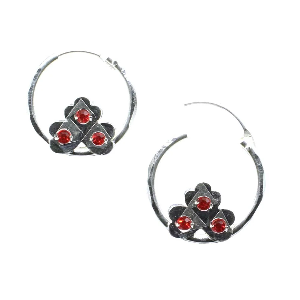 Indian Tribal pure sterling silver hoop hinged earrings for women - red stone - Image 2