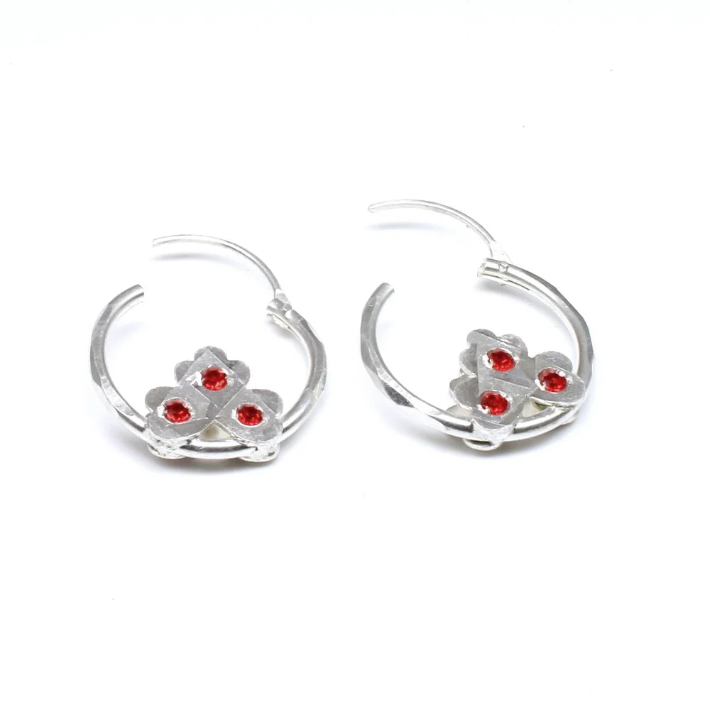 Indian Tribal pure sterling silver hoop hinged earrings for women - red stone - Image 3