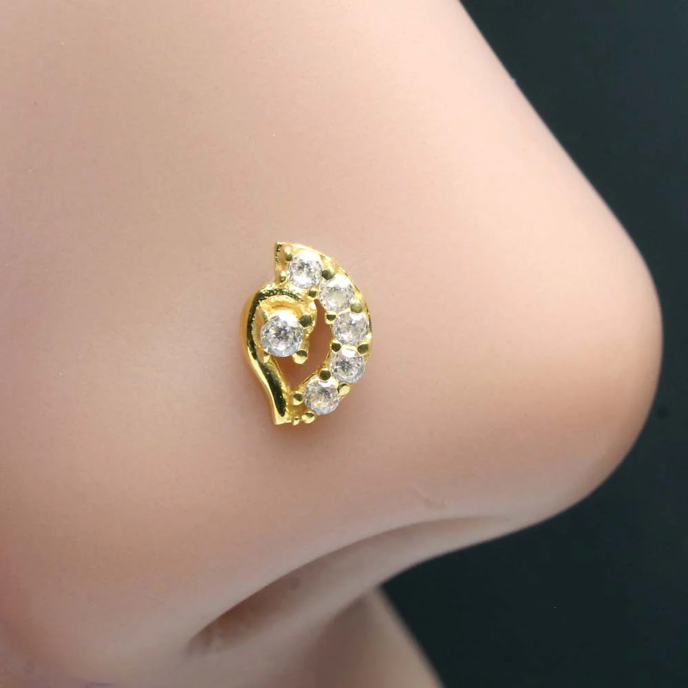 Indian Women 14k Real Gold White CZ Corkscrew Nose Stud 24g - Image 2