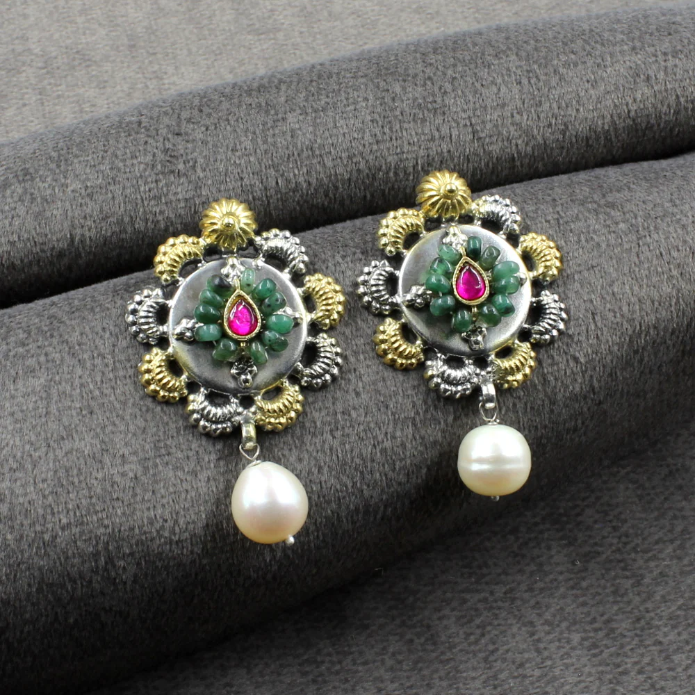Jaipuri style two tone Real 925 Silver Dangle Emerald Pearl Jhumka Earrings for Women - Image 2