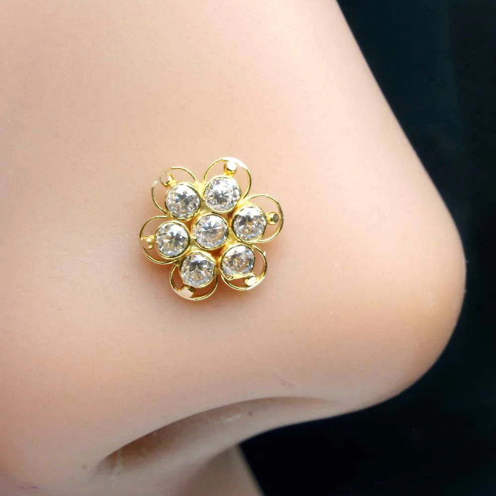Medusa 14K Real Gold Nose stud White CZ Indian nose ring Push Pin