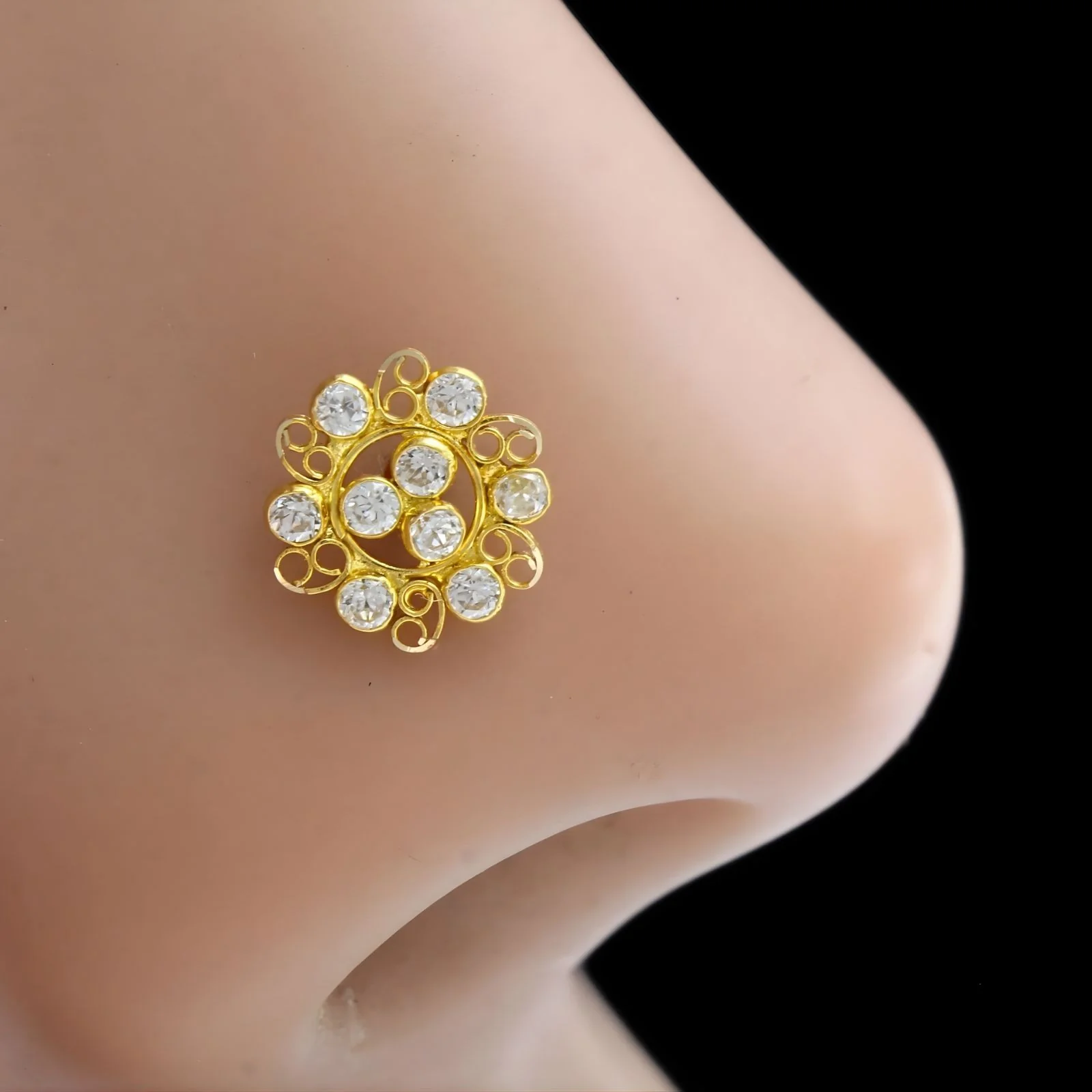 Medusa style 18K Real Gold White CZ Nose stud nose ring Push Pin