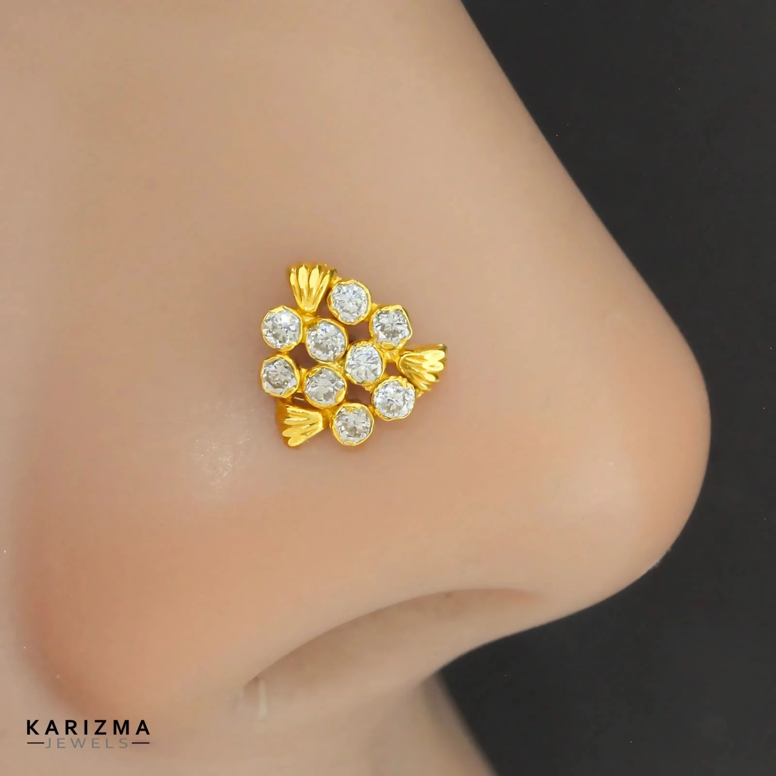 New Trendy 14K Real Gold Women White CZ Nose stud nose ring Push Pin - Image 2
