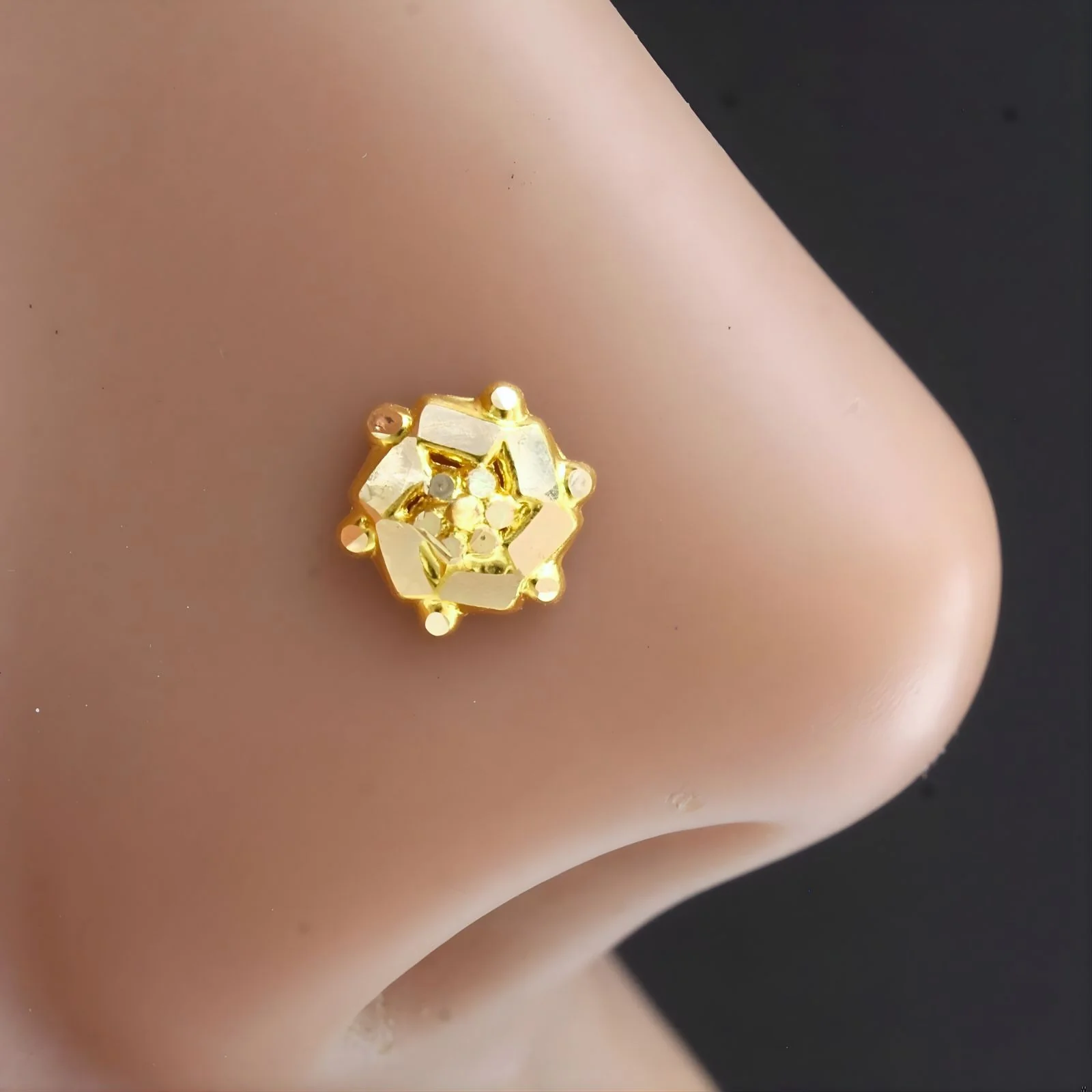 18K Gold Screw-Type Floral Nose\Ear Stud  – Handmade Indian Nose Jewelry for Women - Image 3