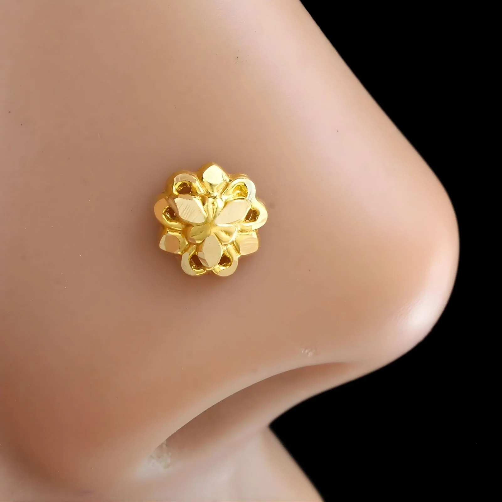 18K Gold Screw-Type Floral Nose\Ear Stud – Lightweight Indian Nose Jewelry for Women - Image 3