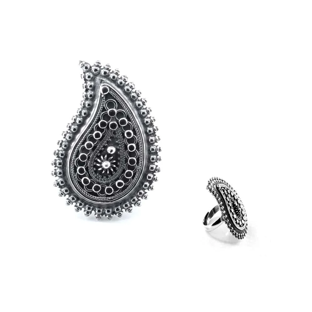 Paisley Motif 925 Sterling Silver Oxidized Statement Leaf Finger Ring