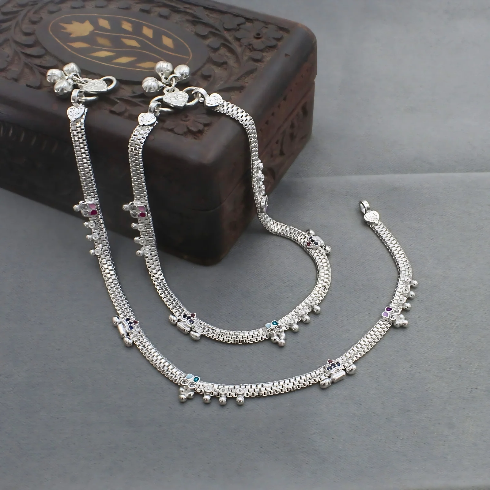 Premium Quality Real Silver Multi CZ Anklet for women 10.3in