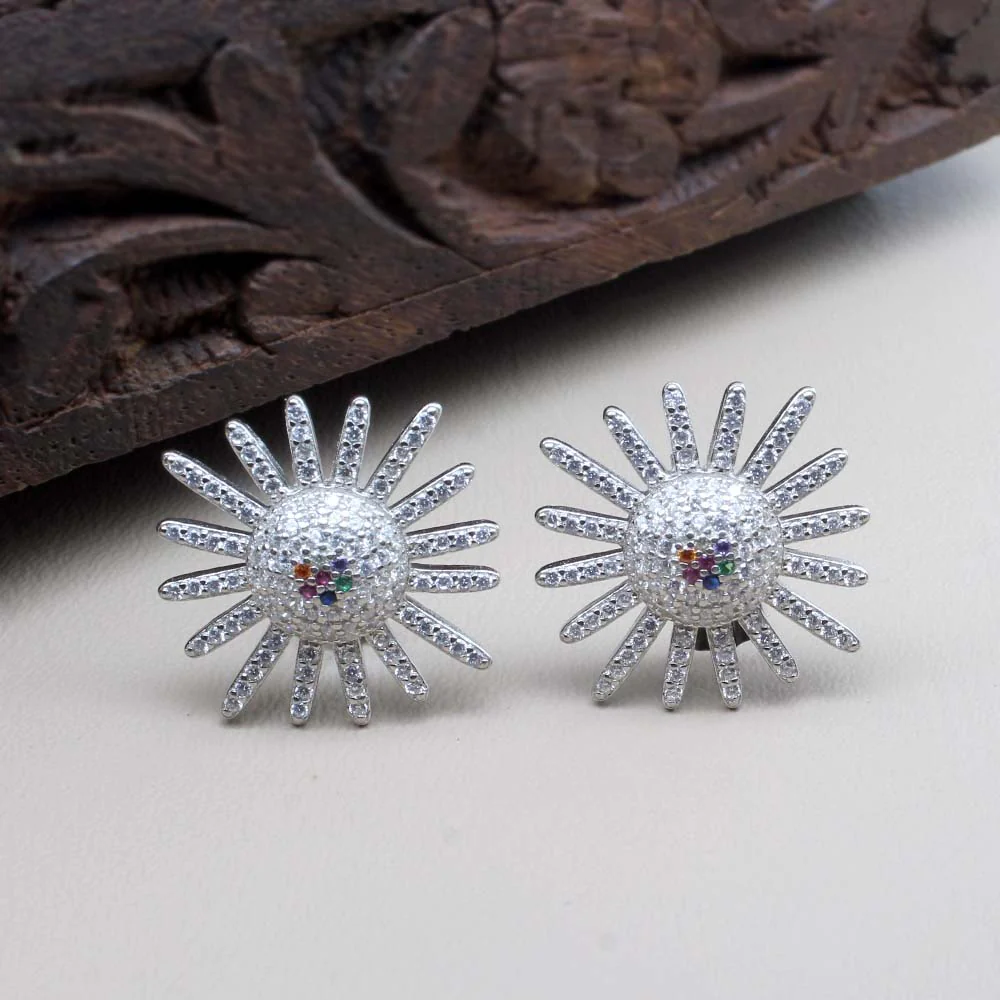 Real 925 Silver Multi CZ Stud Earring Set In Platinum Finish