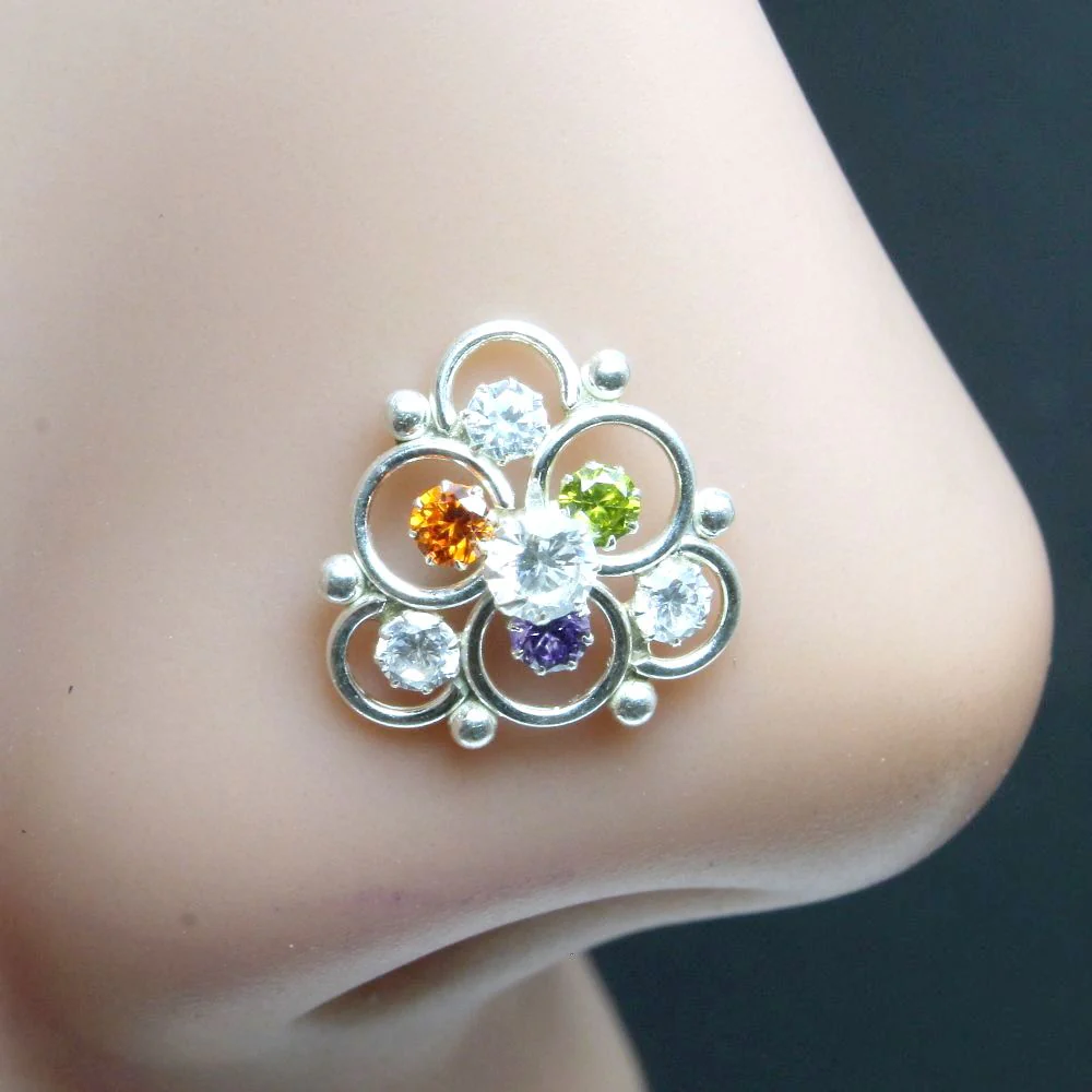 Floral Colorful CZ Twisted Silver Piercing