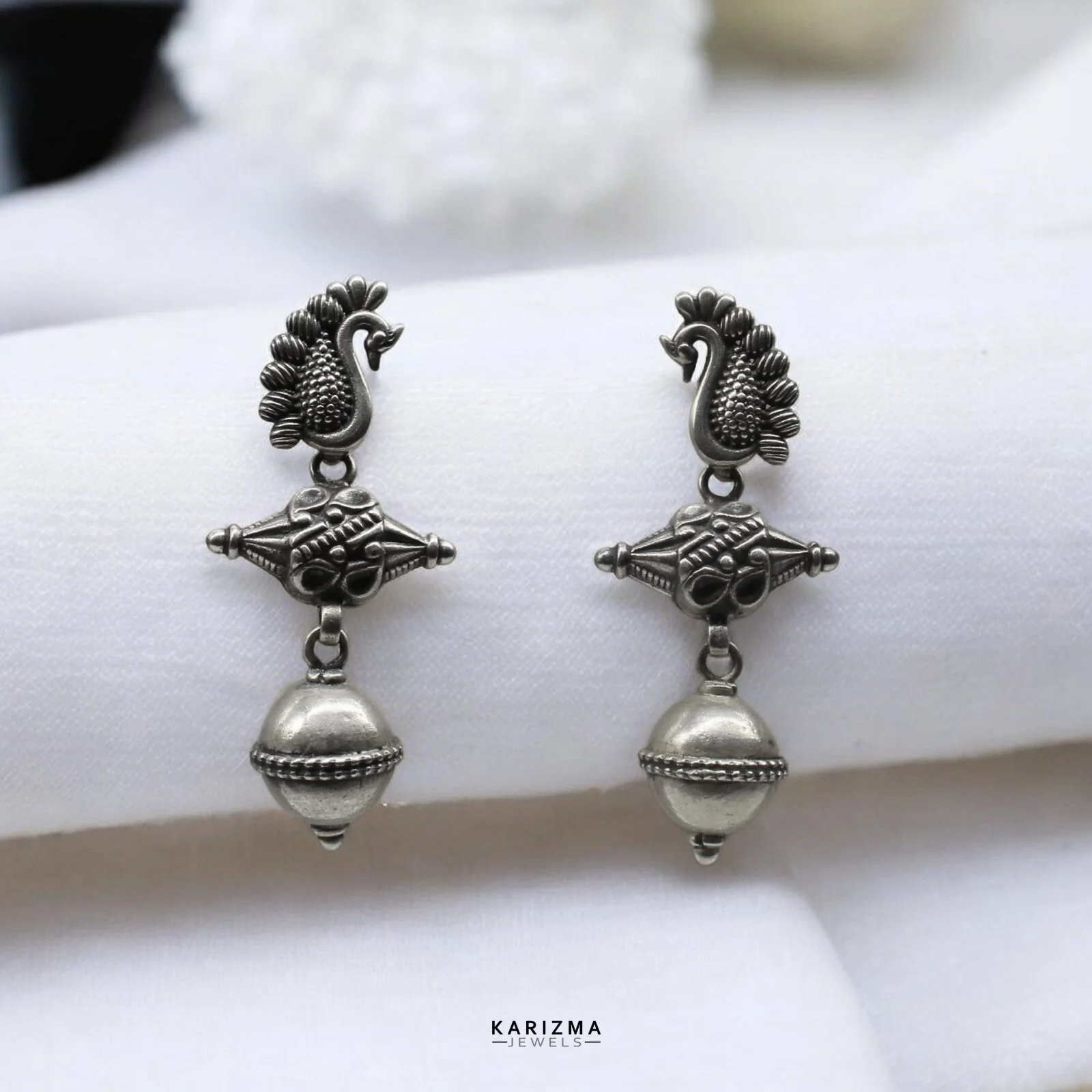 Real 925 Sterling Silver Designer Mayur Mukhi Oxidized Hanging Jhumka Women Earrings