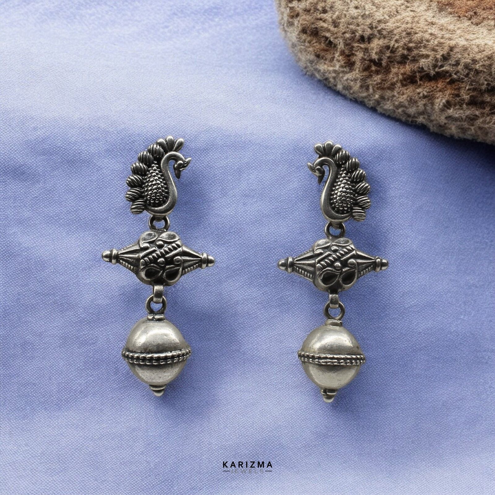 Real 925 Sterling Silver Designer Mayur Mukhi Oxidized Hanging Jhumka Women Earrings - Image 2