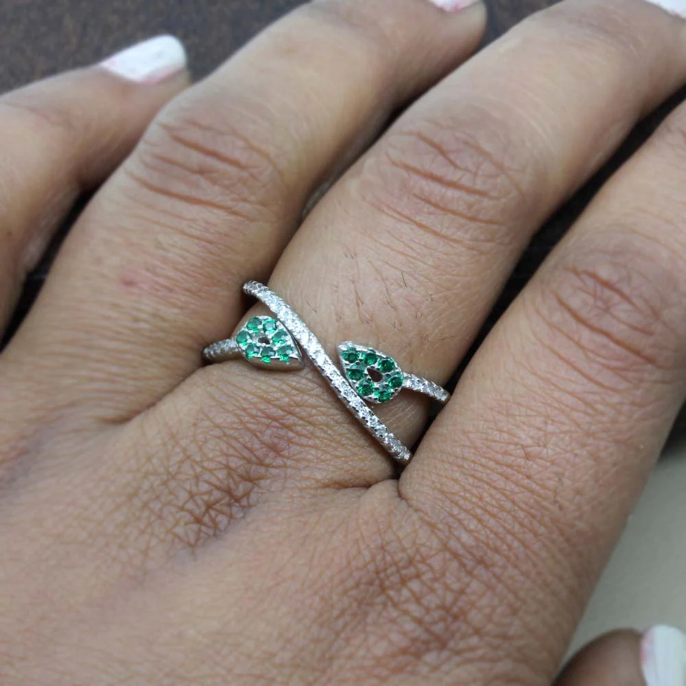 Real 925 Sterling Silver Ring Green White CZ Bypass Ring