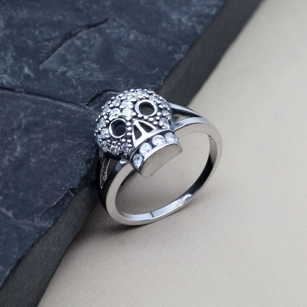 Real .925 Sterling Silver Simulated Diamond Studded Unisex Skull Ring