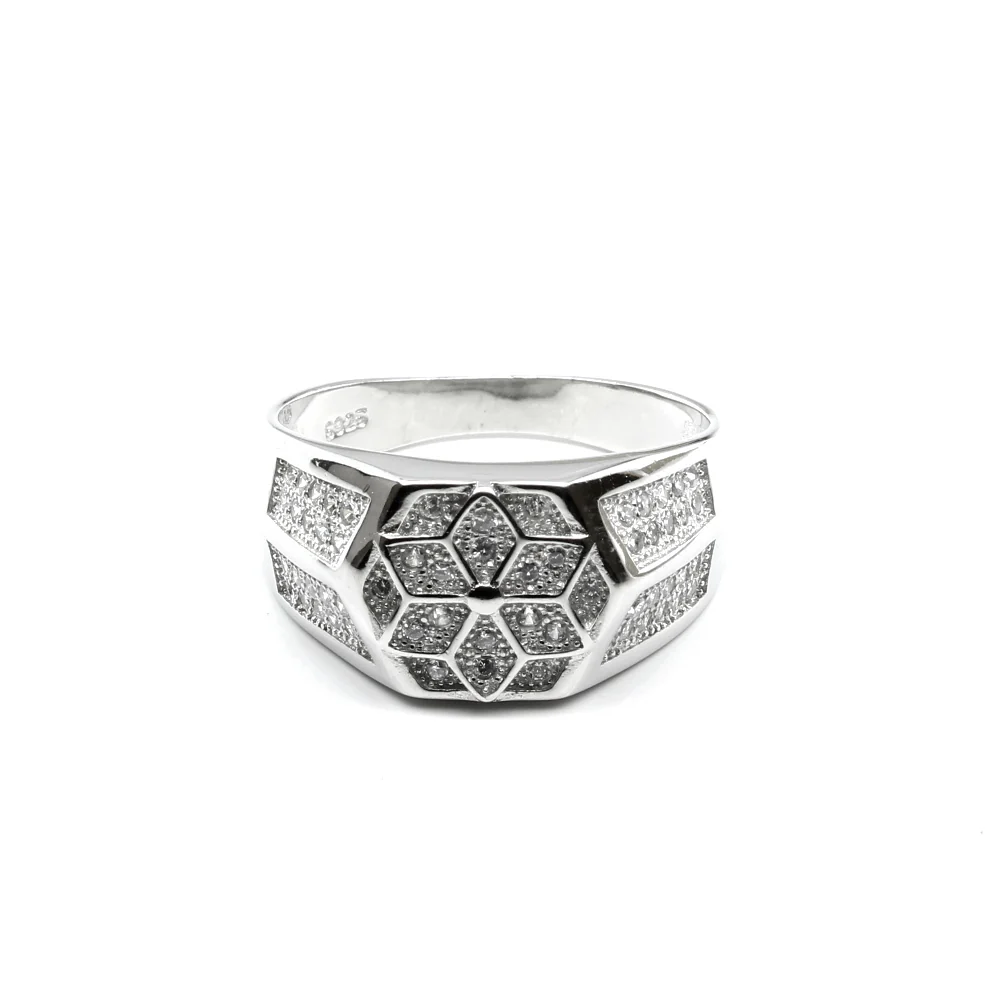 Real 925 Sterling Silver White CZ Star Facet Pattern Men's Ring
