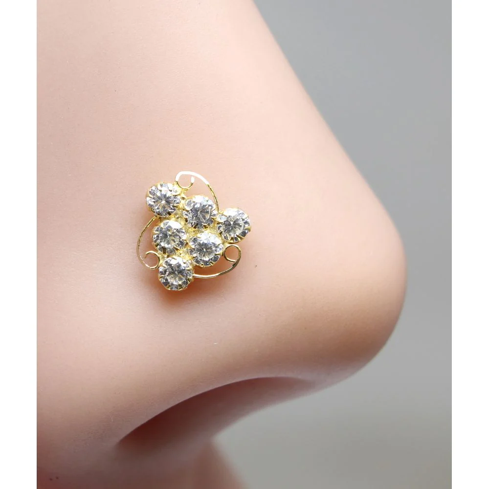 Real Gold Nose stud 14K Ethnic White CZ Indian piercing nose ring Push Pin