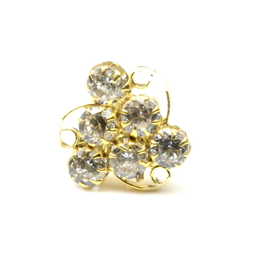 Real Gold Nose stud 14K Ethnic White CZ Indian piercing nose ring Push Pin - Image 2