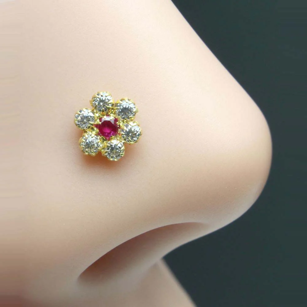 Real Gold Nose Stud Solid 14K Gold Pink White CZ Piercing Push Pin Nose stud 18g