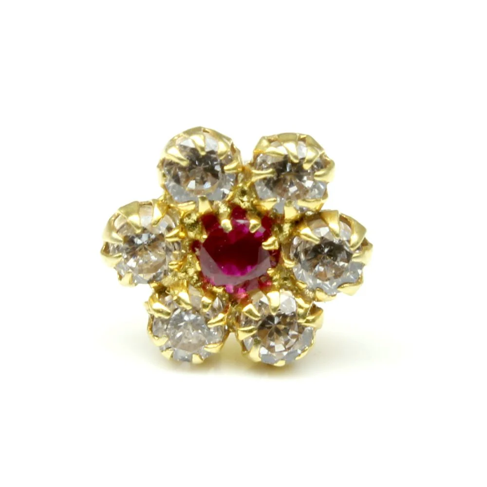 Real Gold Nose Stud Solid 14K Gold Pink White CZ Piercing Push Pin Nose stud 18g - Image 2