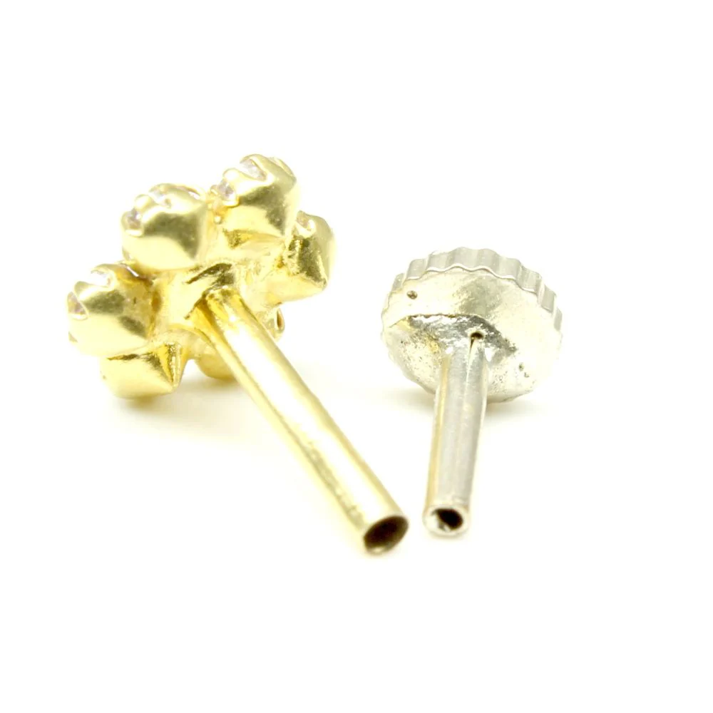 Real Gold Nose Stud Solid 14K Gold Pink White CZ Piercing Push Pin Nose stud 18g - Image 3