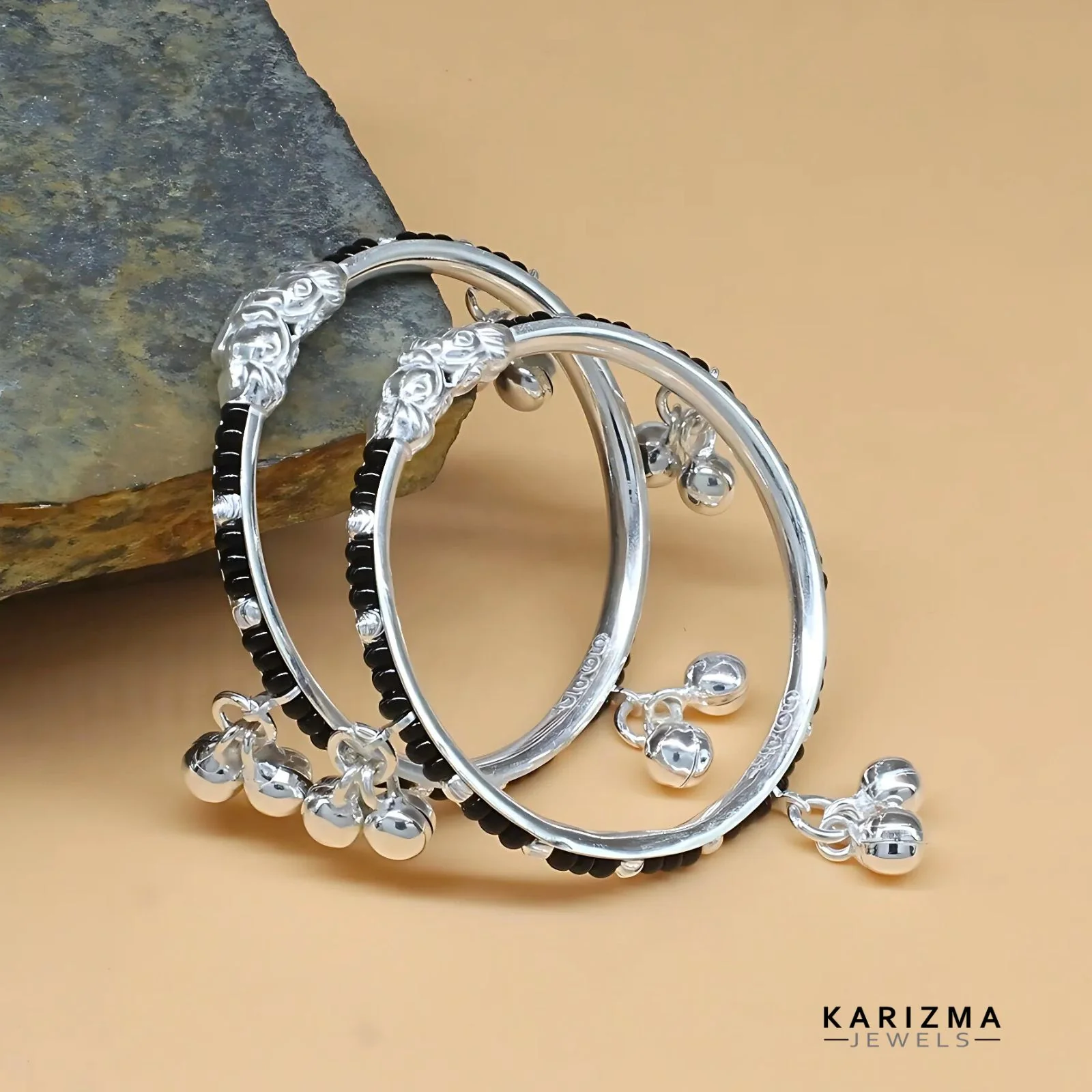 Real Silver Black Beads Nazariya kids daily wear Bangles Bracelet With Jingle Bells - Pair - Image 2