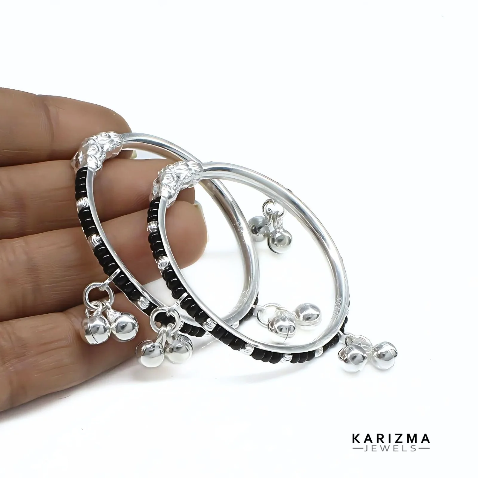 Real Silver Black Beads Nazariya kids daily wear Bangles Bracelet With Jingle Bells - Pair - Image 3