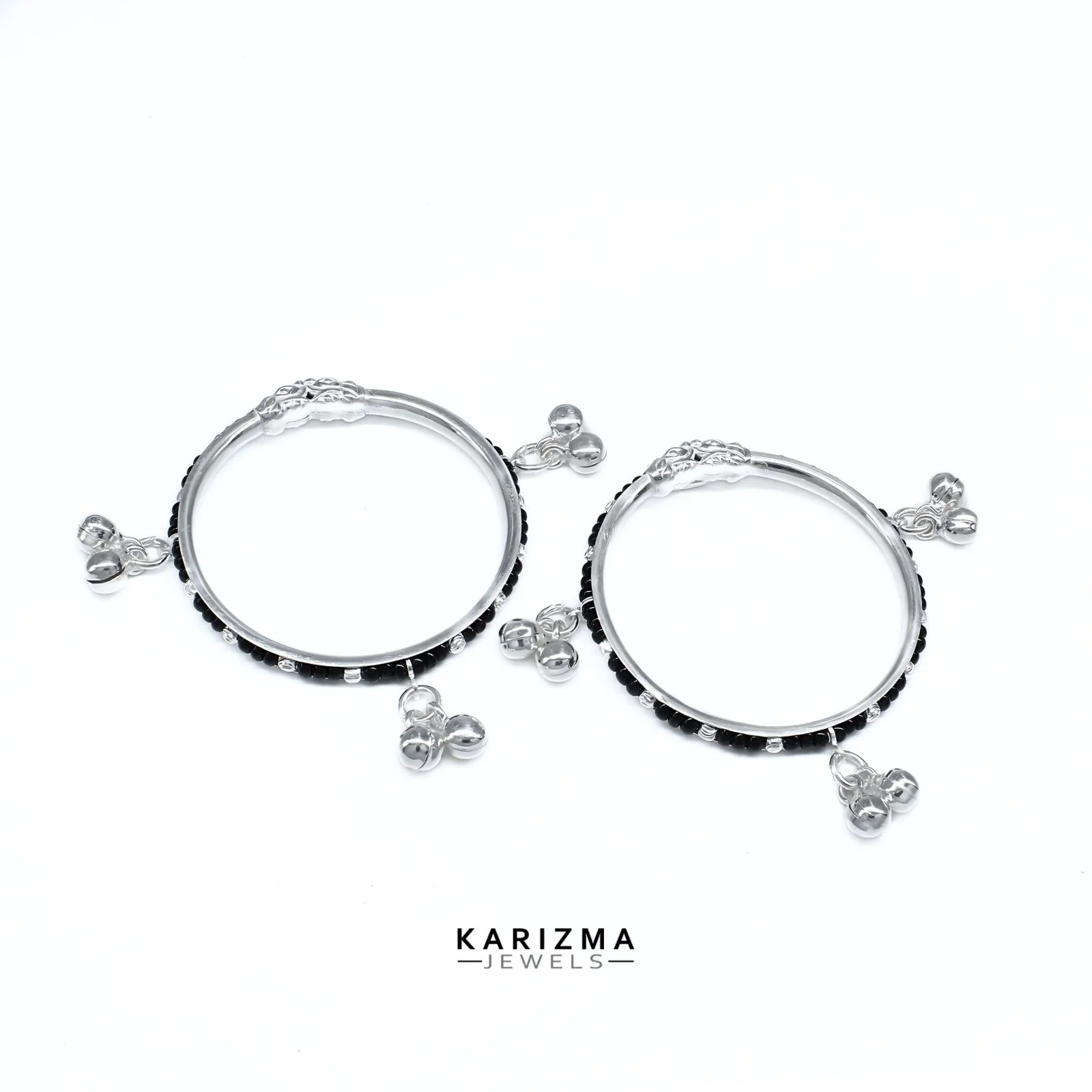 Real Silver Black Beads Nazariya kids daily wear Bangles Bracelet With Jingle Bells - Pair - Image 4