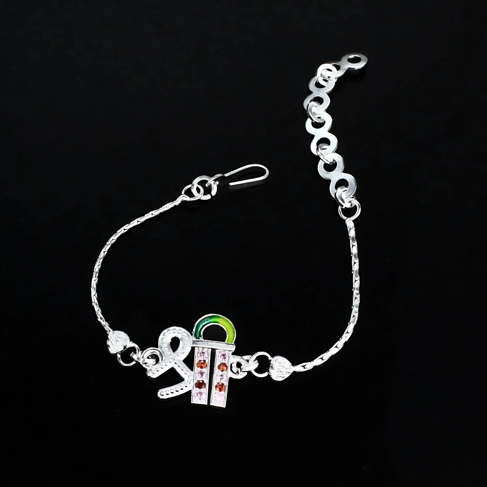 Real Silver Bracelet gorgeous Multi Cz Shree Rakhi 6" - Image 2