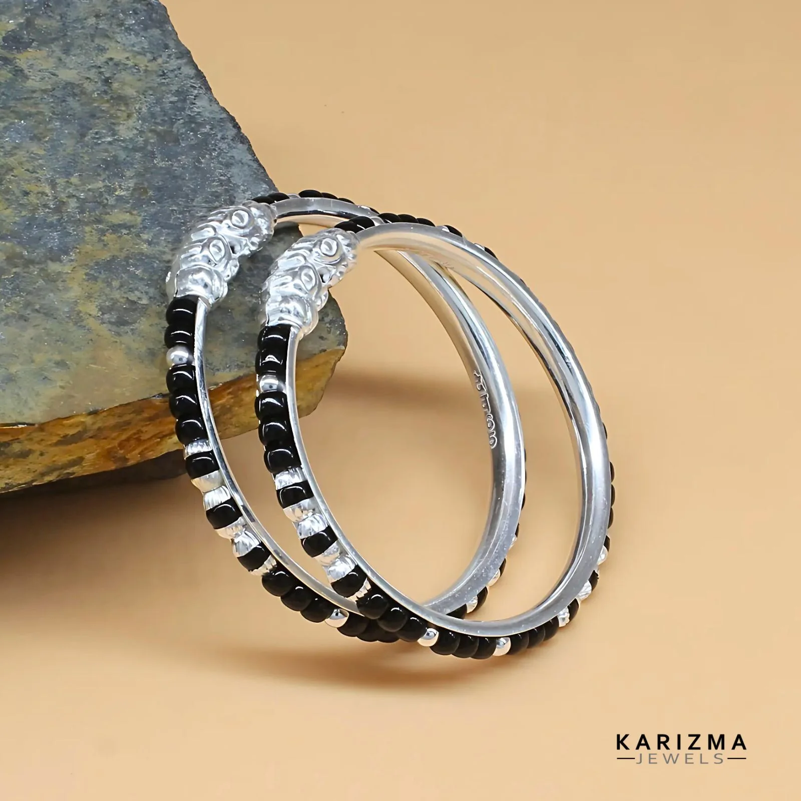 Real Silver Excellent gifting Black Beads Nazariya kids Bangles Bracelet - Pair - Image 2