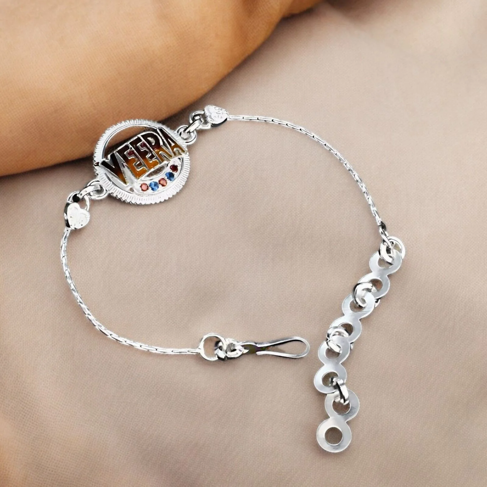 Real Silver handmade CZ Bracelet Veera Indian gifting Rakhi 6"