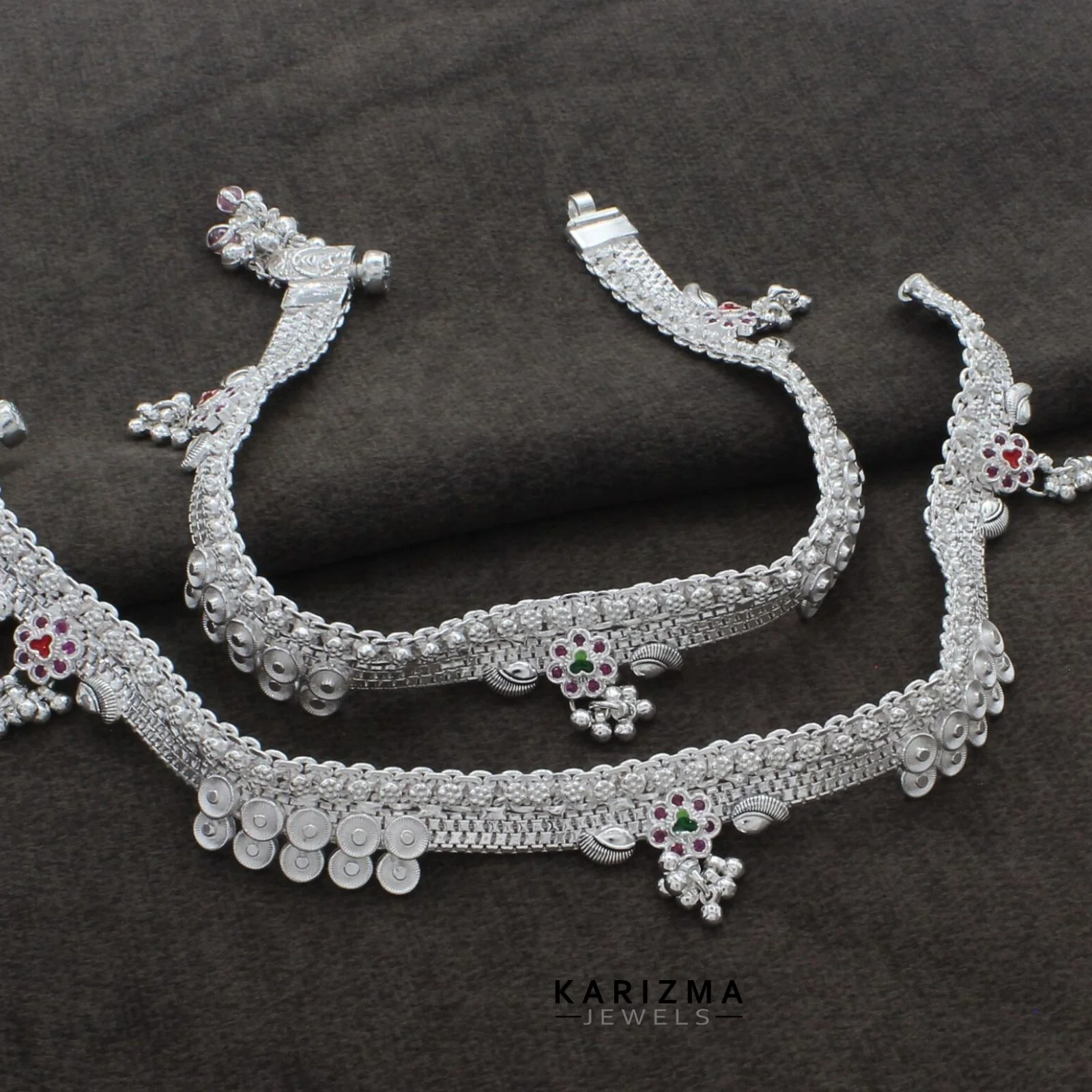 Real Silver Indian women new Bridal collection pink CZ Anklets Ankle Pair 10" - Image 2