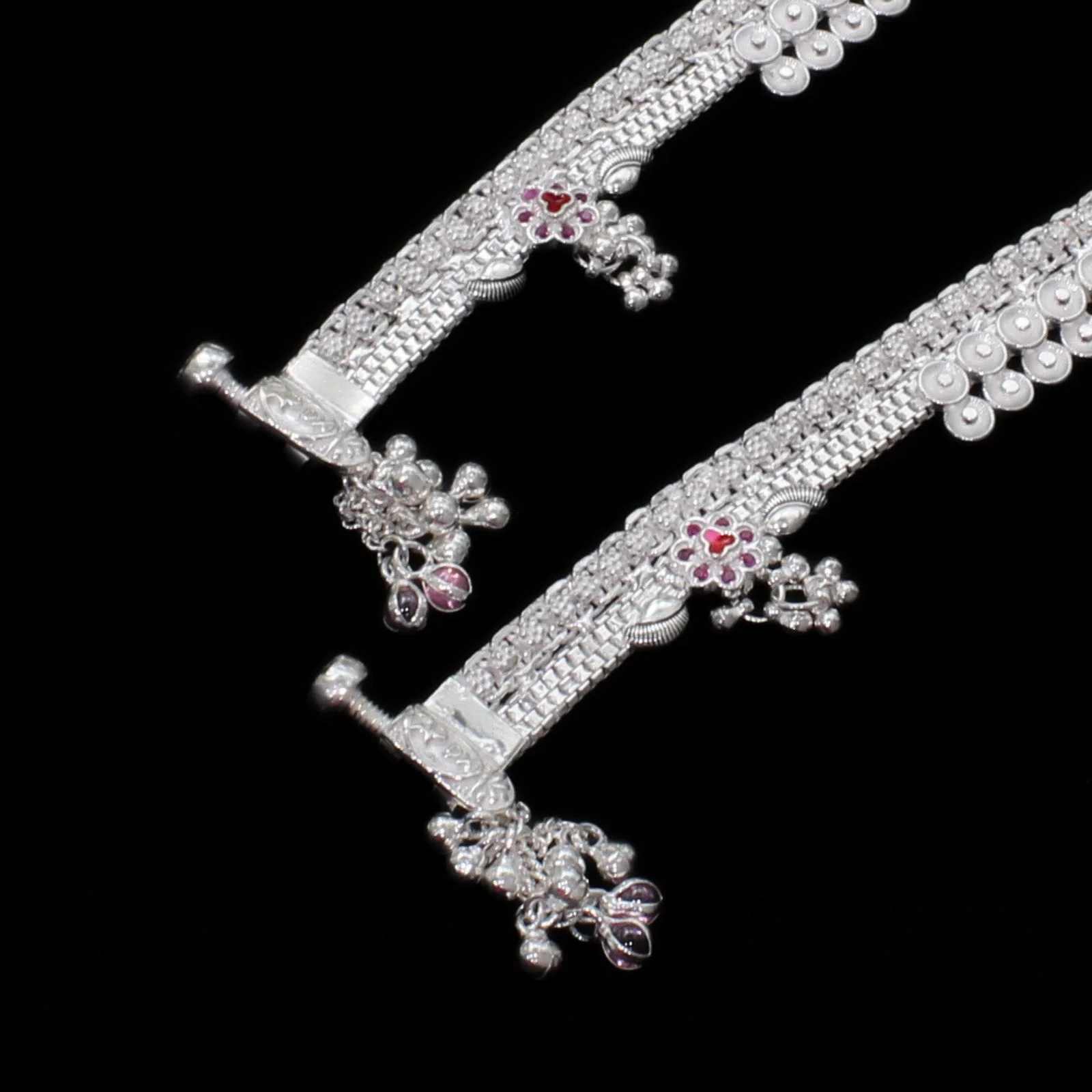 Real Silver Indian women new Bridal collection pink CZ Anklets Ankle Pair 10" - Image 4