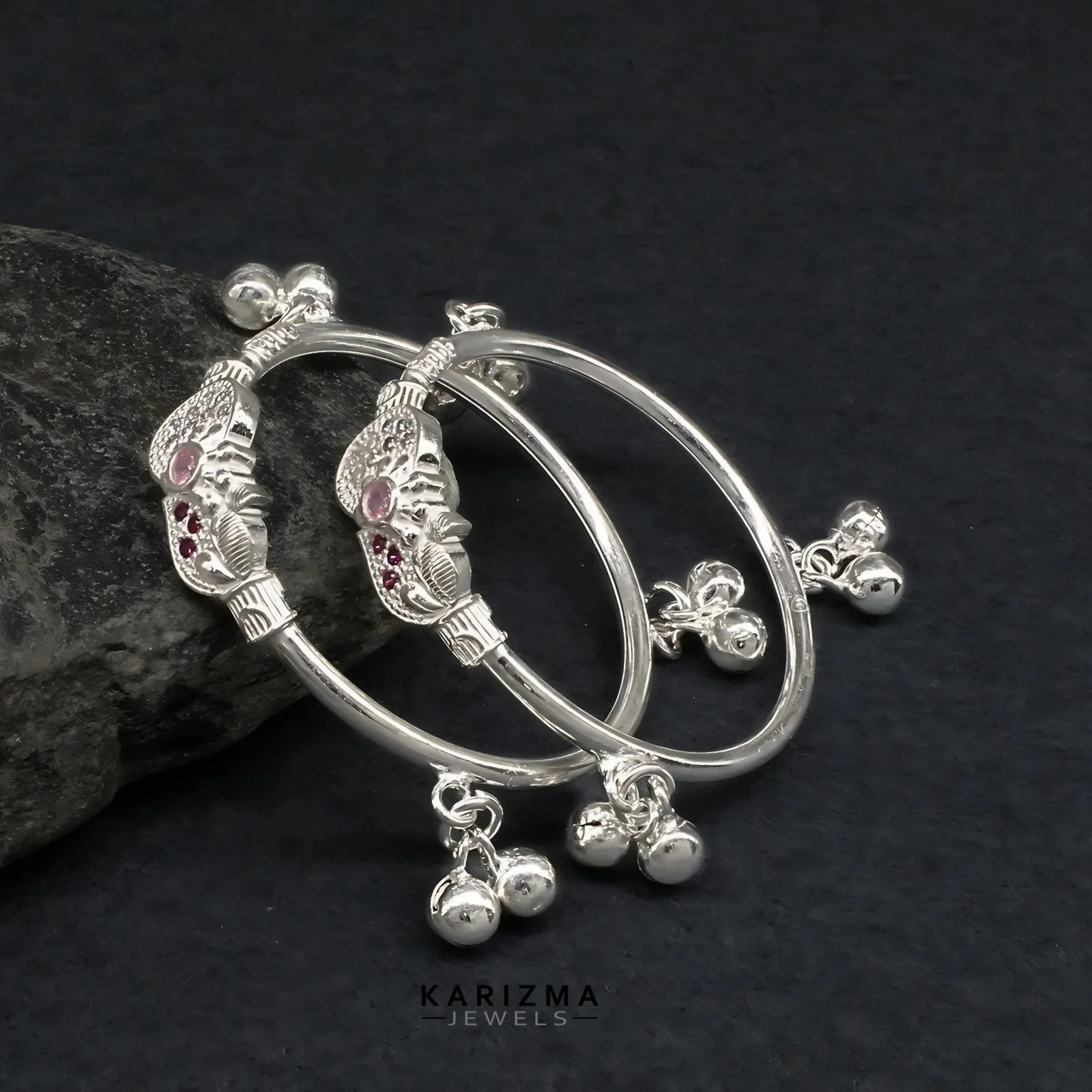 Real Silver Pink White CZ amazing kids Bangles Bracelet With Jingle Bells - Pair