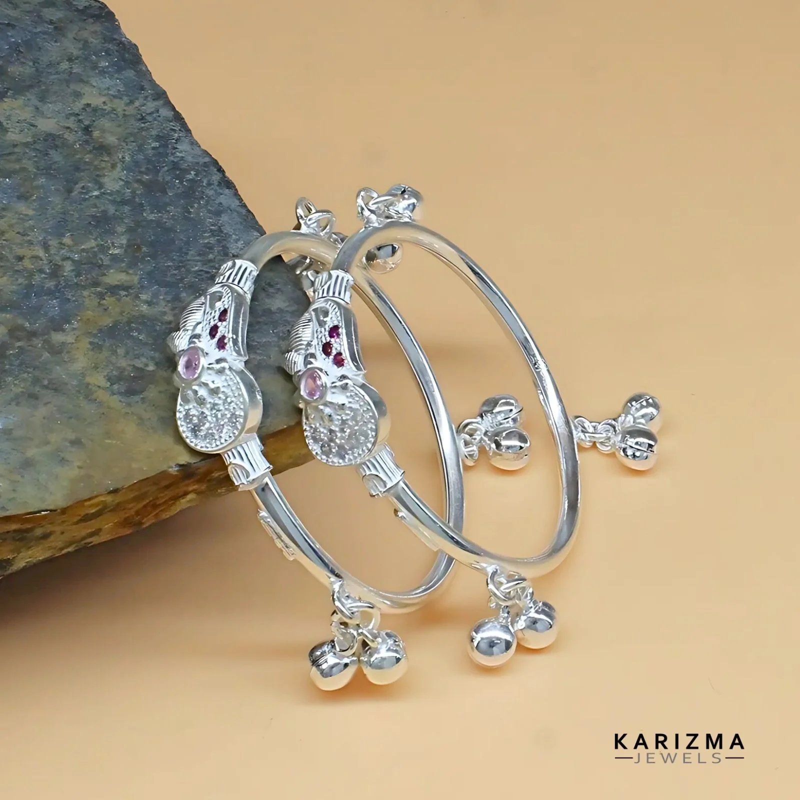 Real Silver Pink White CZ amazing kids Bangles Bracelet With Jingle Bells - Pair - Image 2