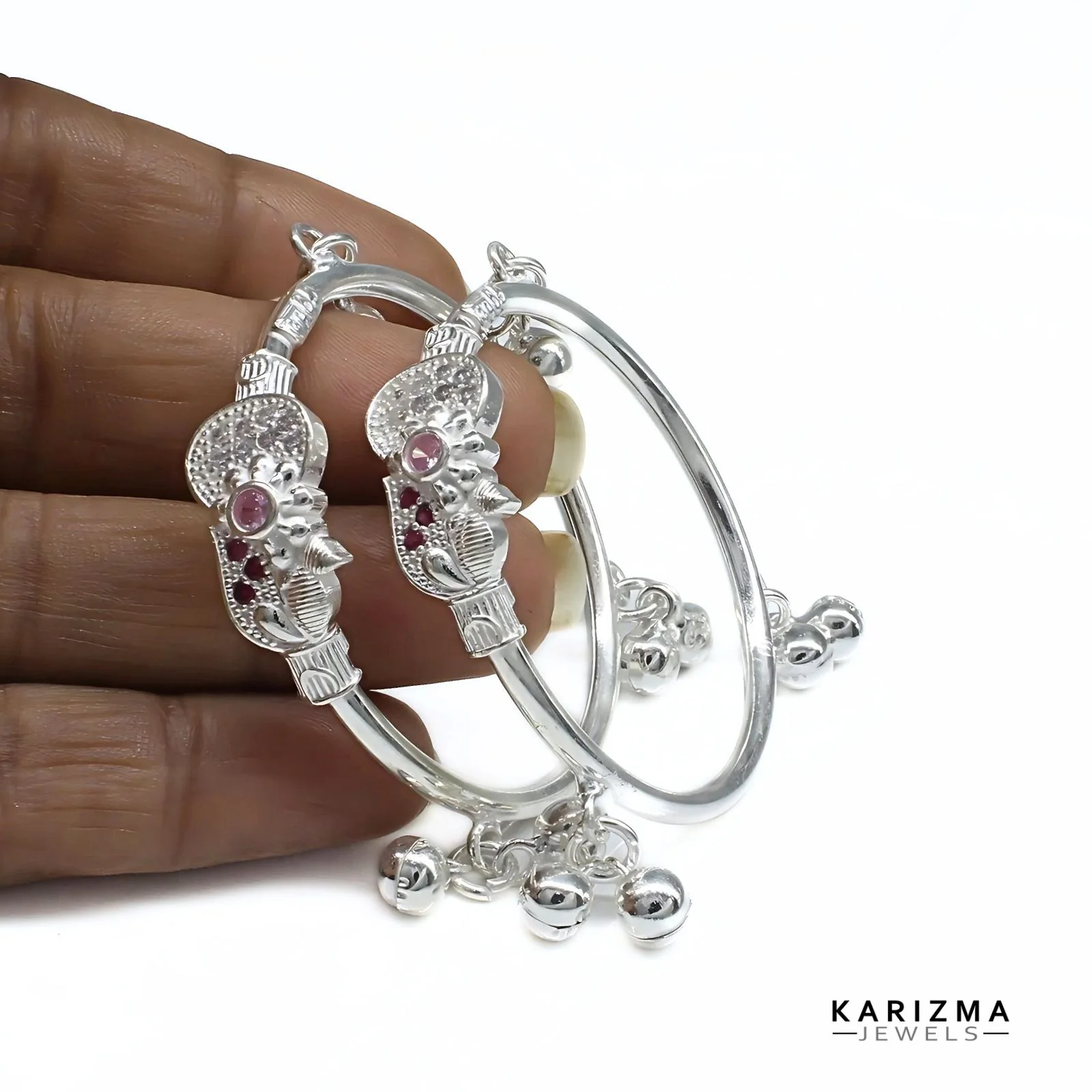 Real Silver Pink White CZ amazing kids Bangles Bracelet With Jingle Bells - Pair - Image 3