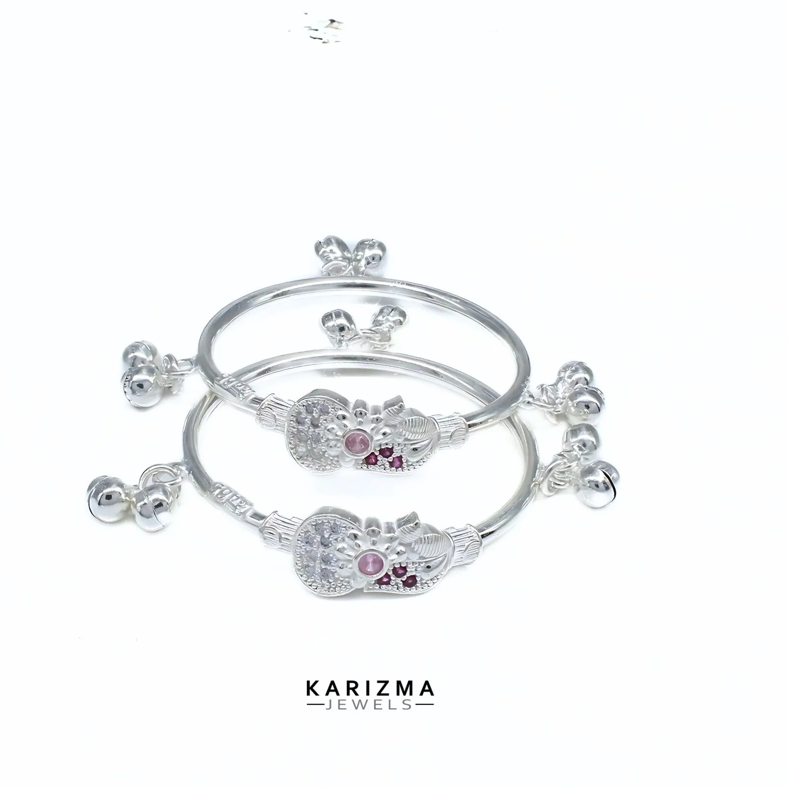 Real Silver Pink White CZ amazing kids Bangles Bracelet With Jingle Bells - Pair - Image 4