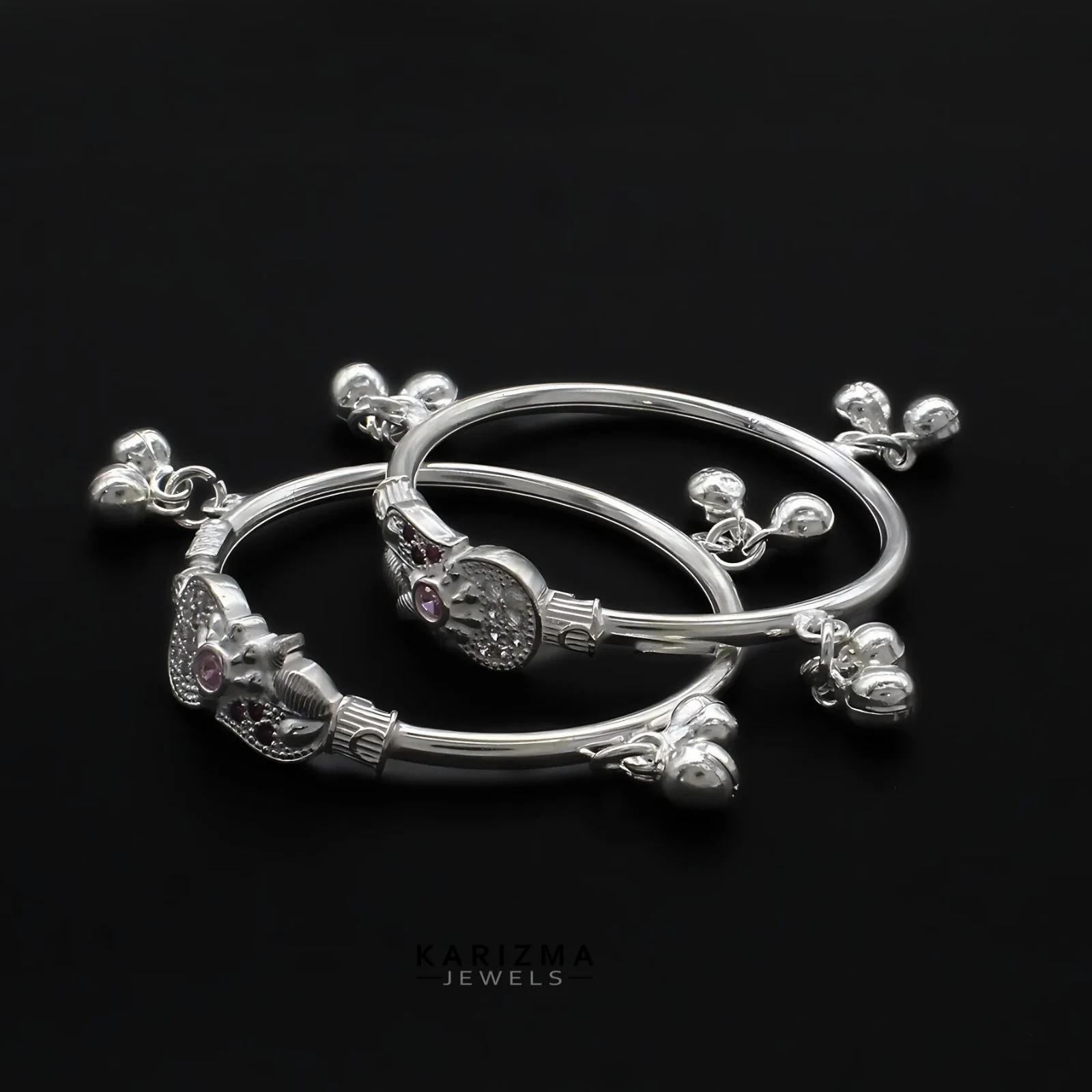 Real Silver Pink White CZ amazing kids Bangles Bracelet With Jingle Bells - Pair - Image 5
