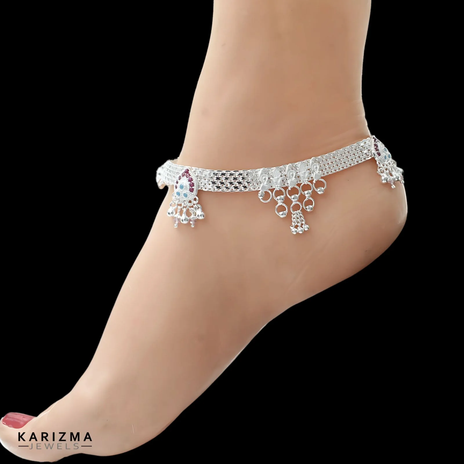 Real Sterling Silver Indian women Bridal Look Pink CZ Anklet Ankle Pair 10.3" - Image 2