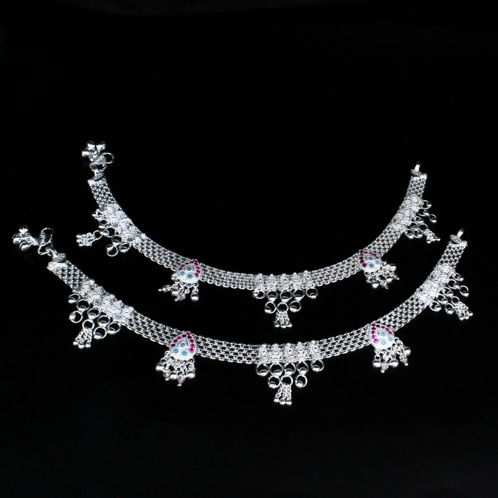 Real Sterling Silver Indian women Bridal Look Pink CZ Anklet Ankle Pair 10.3" - Image 3