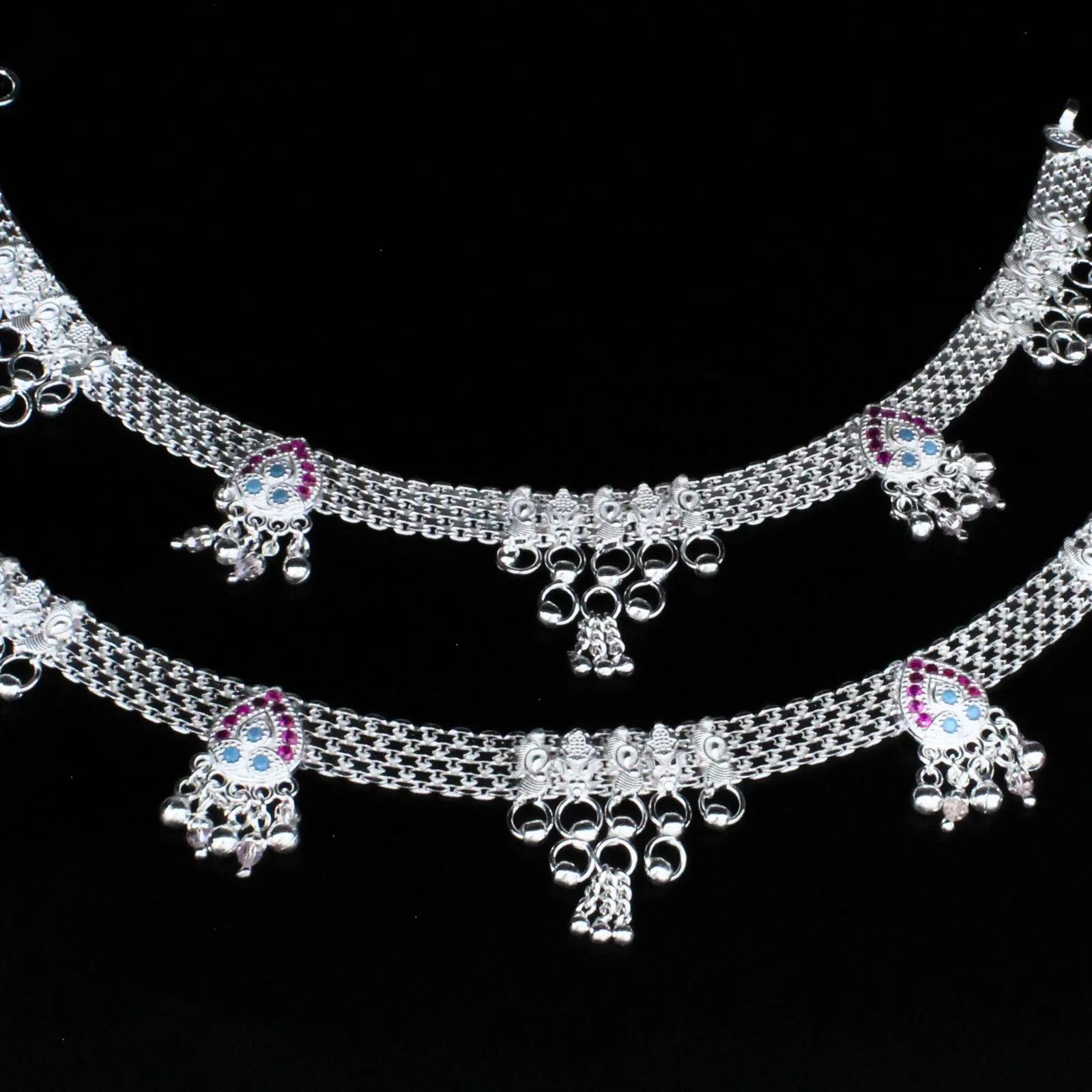 Real Sterling Silver Indian women Bridal Look Pink CZ Anklet Ankle Pair 10.3" - Image 4