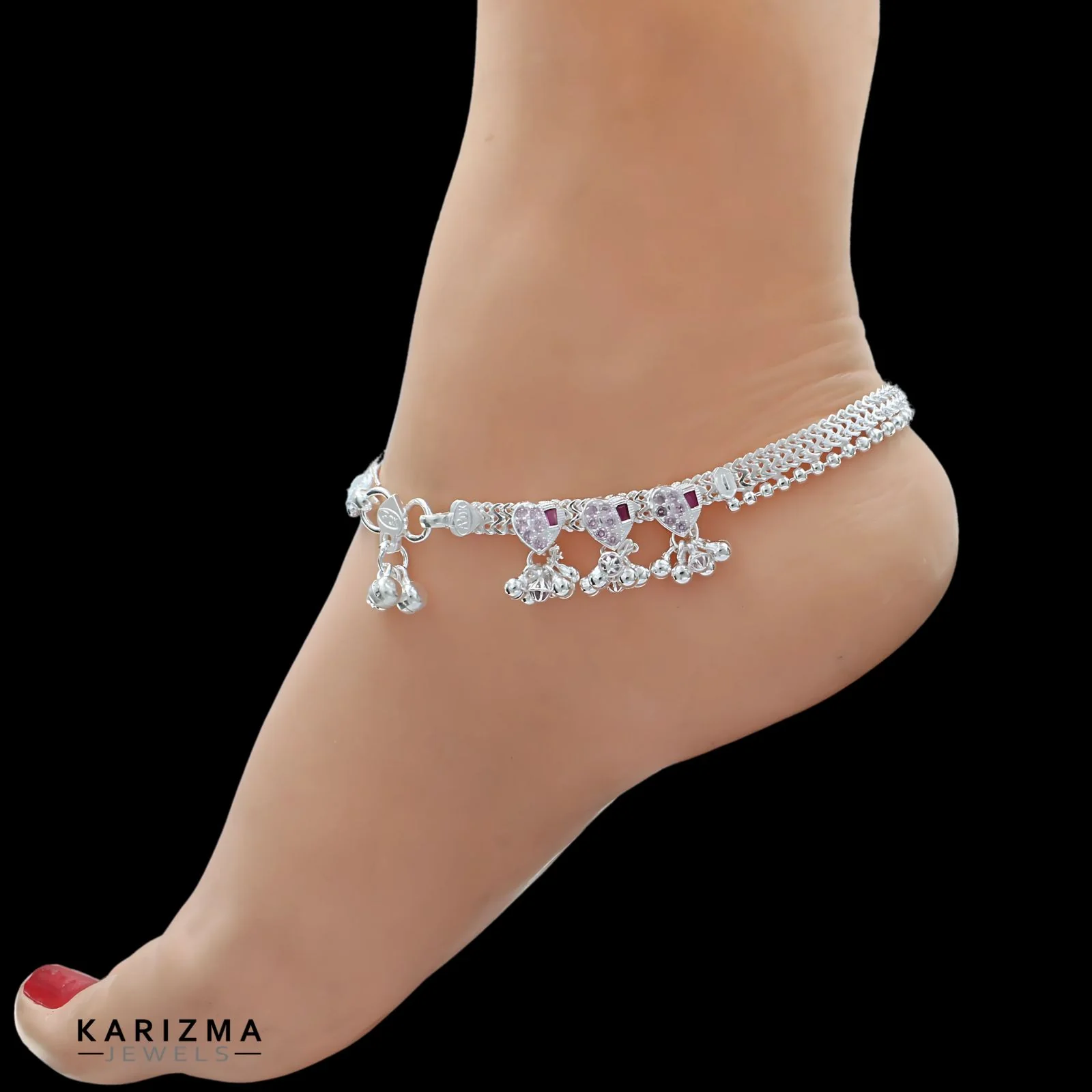 Real Sterling Silver Indian women Pink CZ heart design Anklet Ankle Bracelet 10" - Image 2