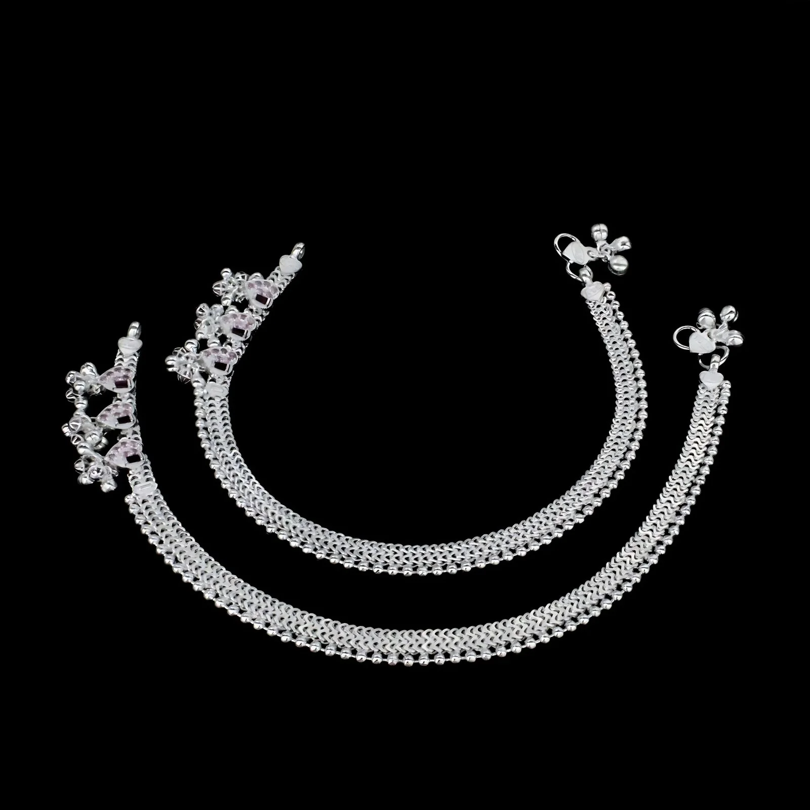 Real Sterling Silver Indian women Pink CZ heart design Anklet Ankle Bracelet 10" - Image 3